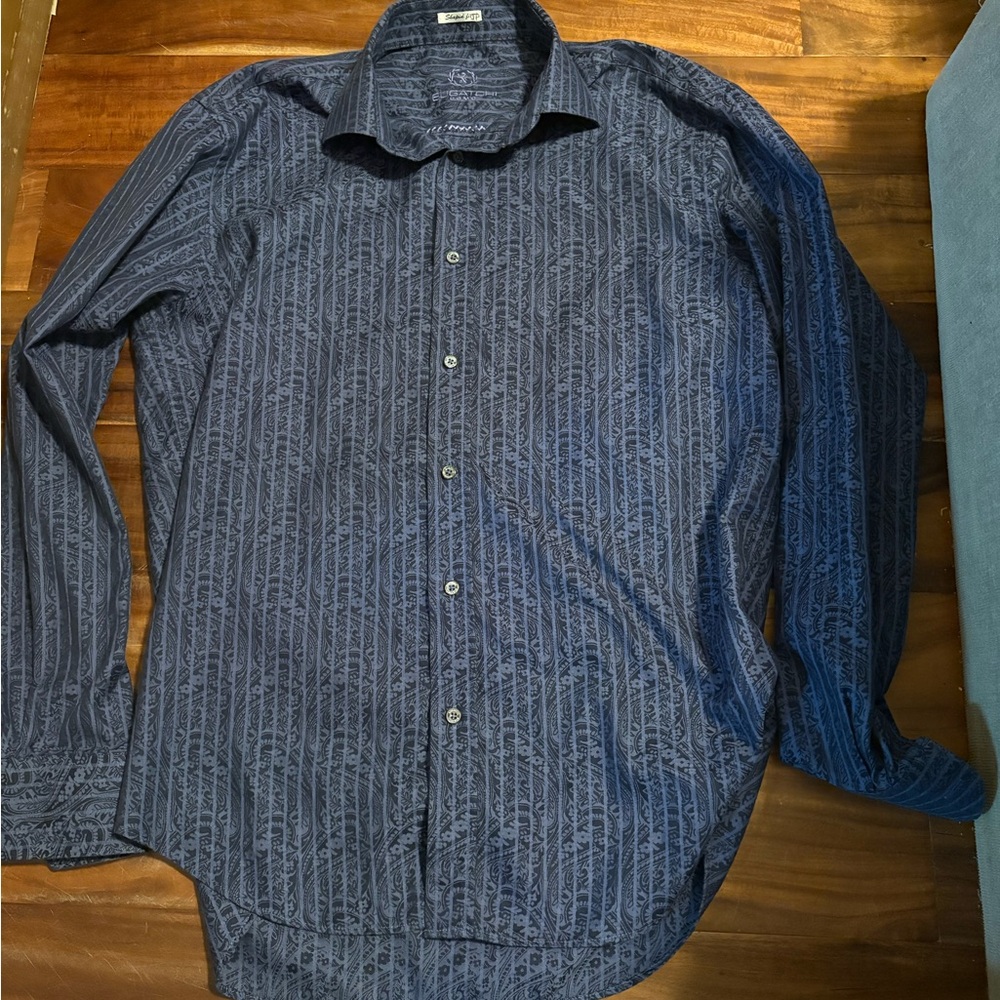Bugatchi Uomo shaped fit blue paisley stripe button-down long sleeve ‎ (0996)